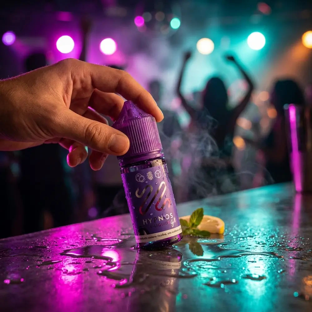 Frasco Hypnos Salt Lemon Ice no balcão molhado de uma balada neon, reflexos e bokeh urbano - Vapor Gringo