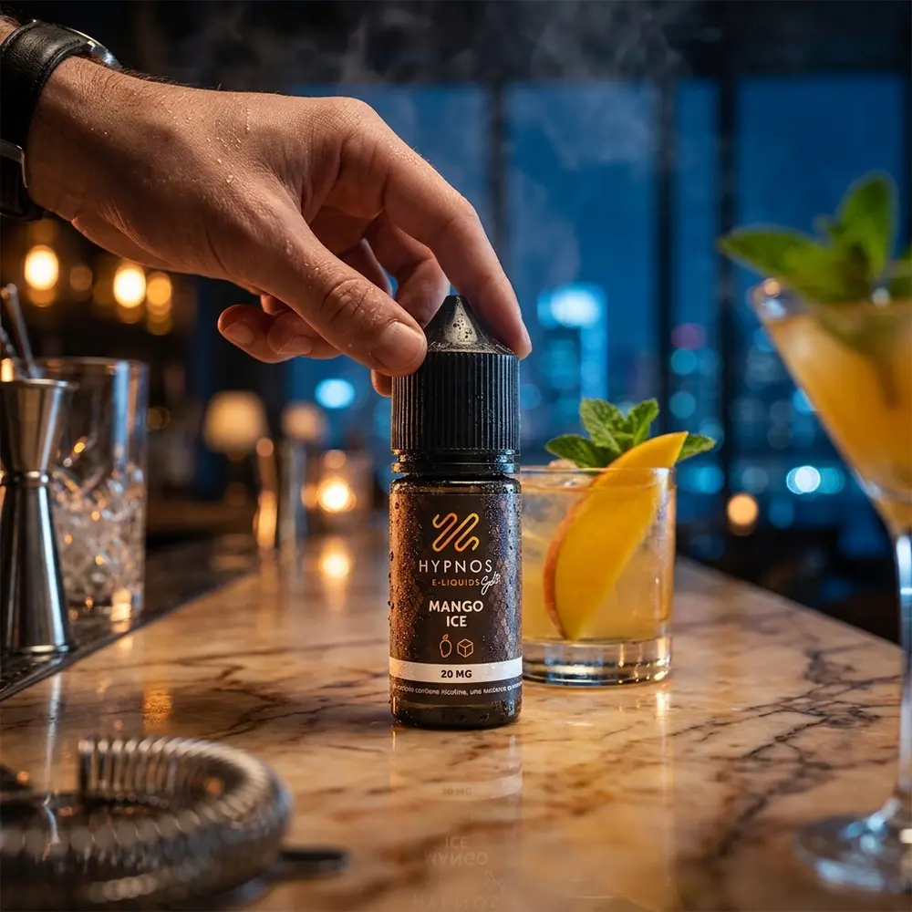 Frasco Hypnos Salt Mango Ice apoiado em balcão de lounge luxuoso, ao lado de coquetel e luzes de bar desfocadas - Vapor Gringo