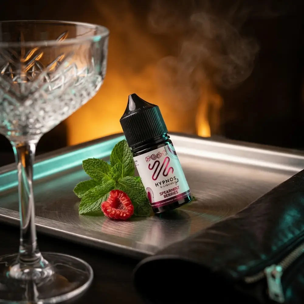 Frasco Hypnos Salt Spearmint Berries em bandeja de metal em lounge escuro, copo desfocado e folhas de menta ao redor - Vapor Gringo