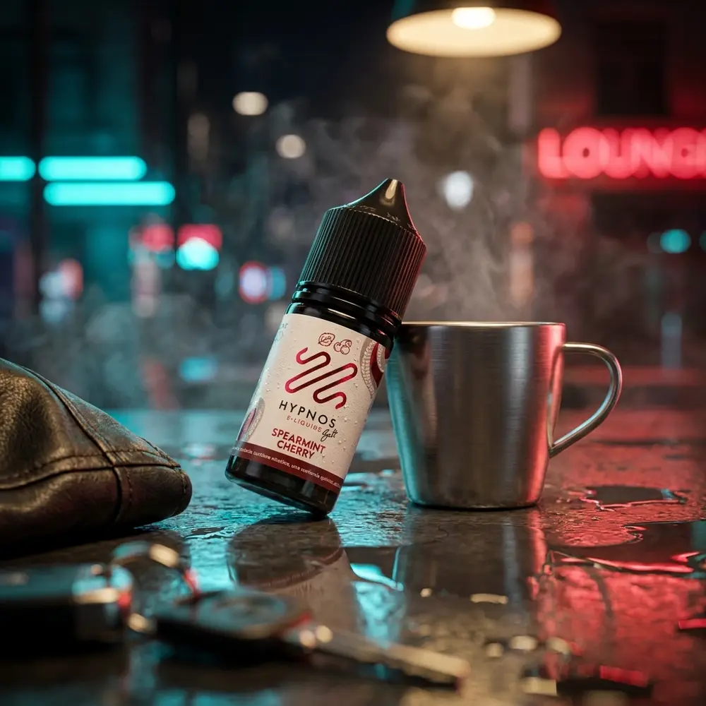 Frasco Hypnos Salt Spearmint Cherry sobre balcão urbano molhado, luzes neon ao fundo e objetos de lounge - Vapor Gringo