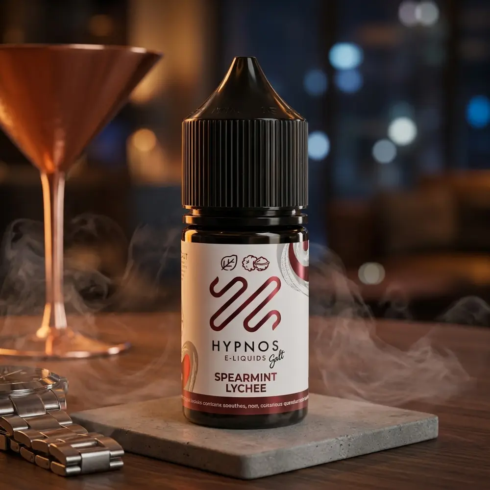 Garrafa Hypnos Salt Spearmint Lychee 30ml apoiada em lounge elegante, luzes ambar e bokeh ao fundo - Vapor Gringo