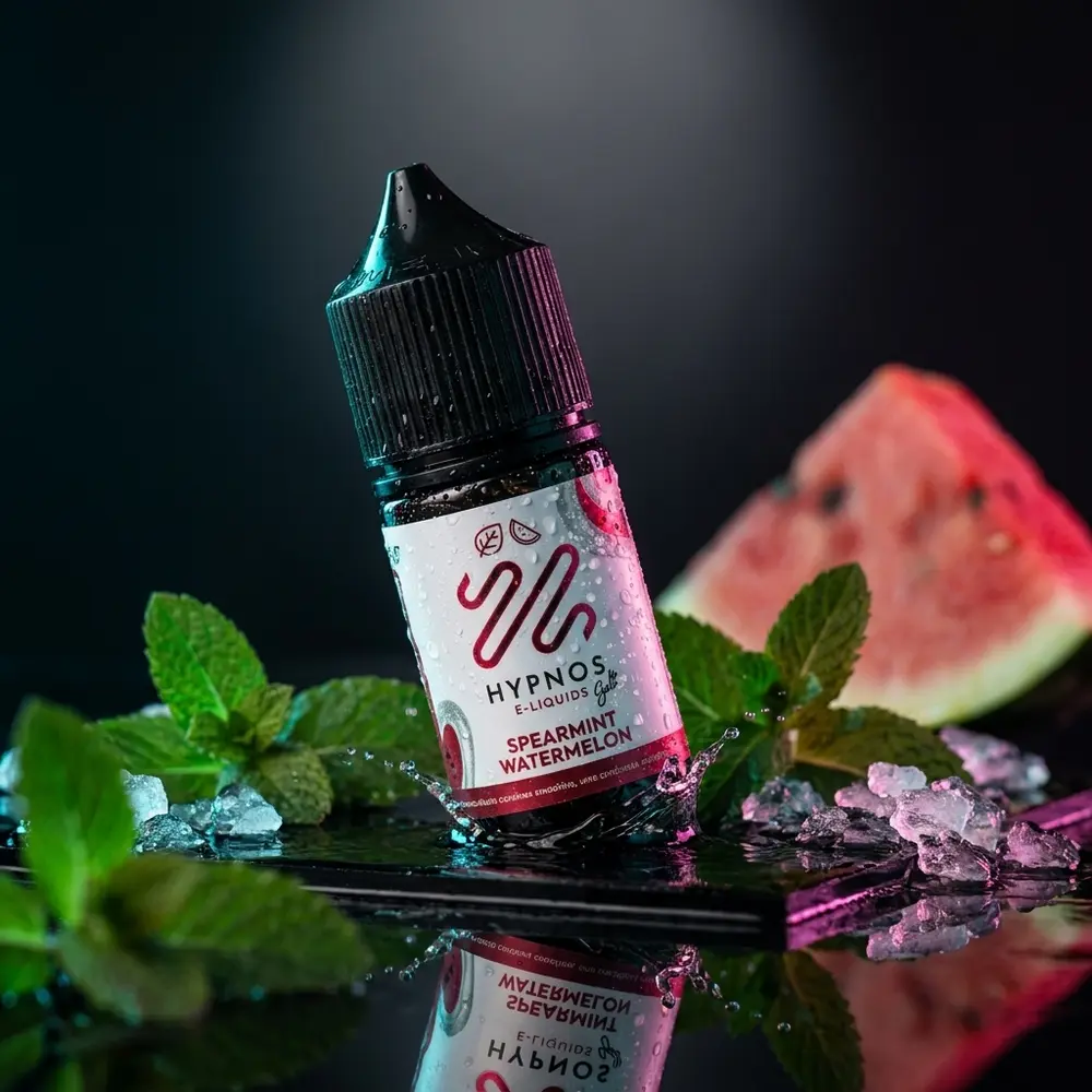 Frente do Liquido Hypnos Salt Spearmint Watermelon 30ml com gotas, fatia de melancia e folhas de menta sobre bancada reflexiva - Vapor Gringo