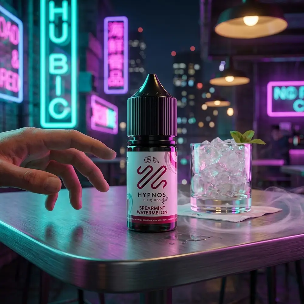 Garrafa Liquido Hypnos Salt Spearmint Watermelon em mesa metalica com neon ao fundo, gelo e uma mao alcançando o produto - Vapor Gringo