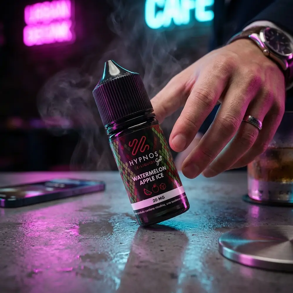 Frasco Hypnos Salt Watermelon Apple Ice em balcão urbano noturno com luzes neon magenta e ciano ao fundo - Vapor Gringo