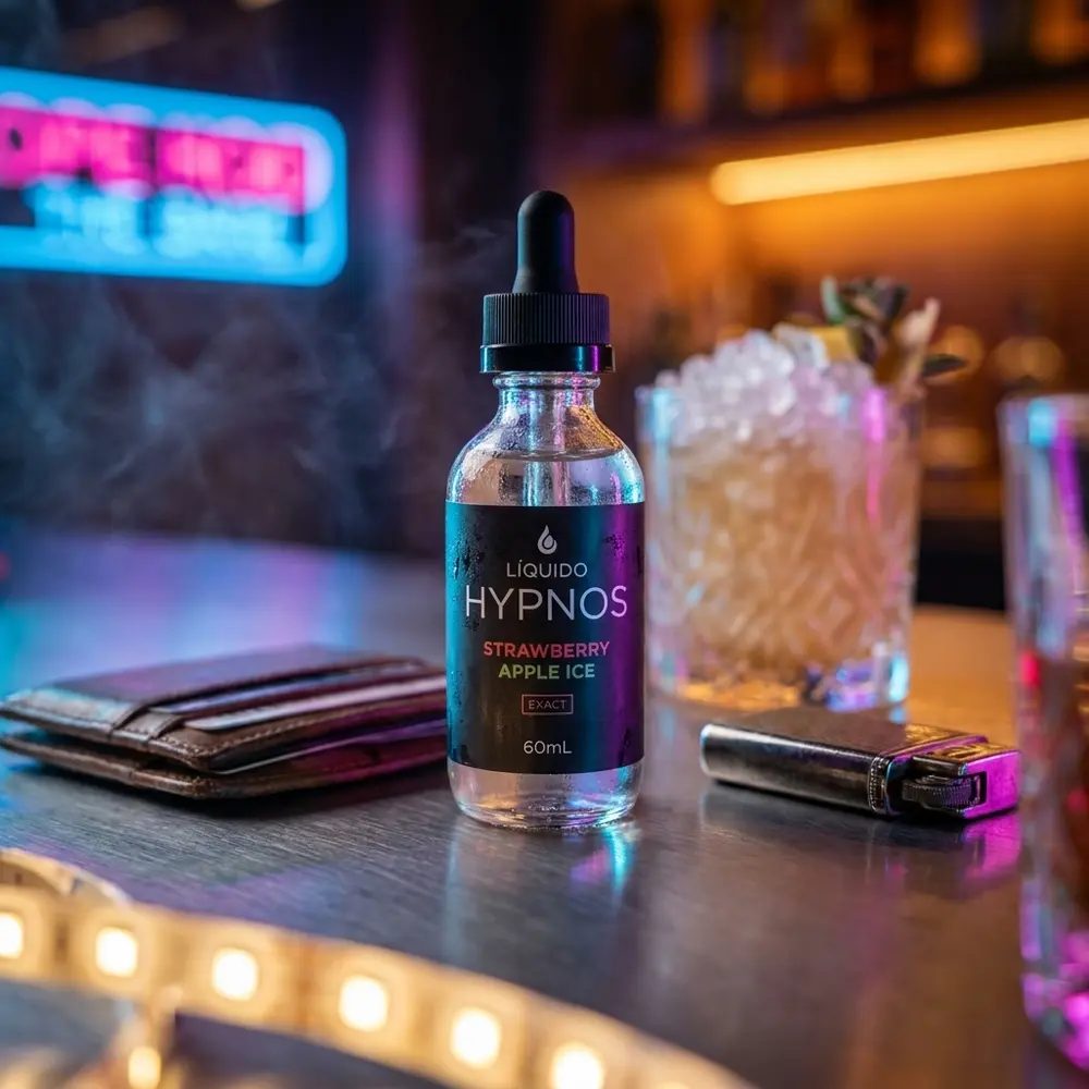 Frasco Líquido Hypnos Strawberry Apple Ice 60ml no balcão de bar urbano com luzes neon, copo e folhas de menta - Vapor Gringo