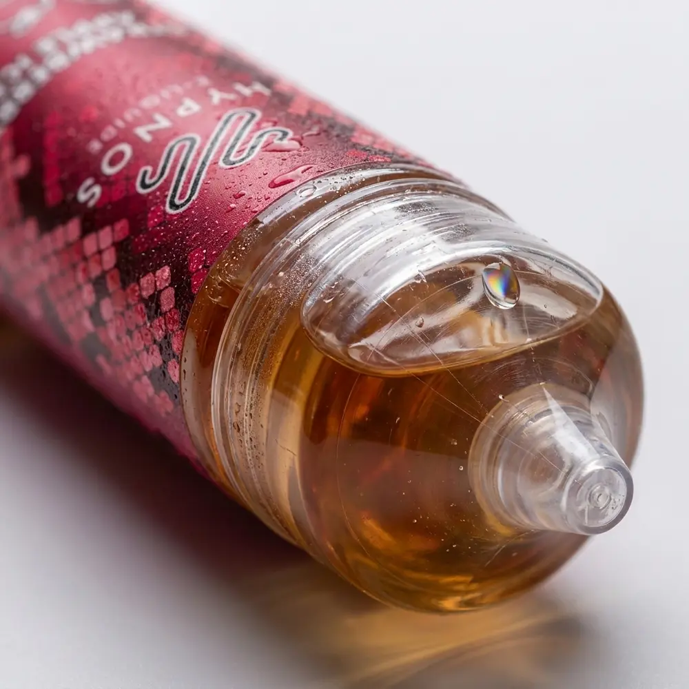 Plano macro do rótulo do Líquido Hypnos Strawberry Apple Ice com gotas, textura do vidro e bocal visível - Vapor Gringo