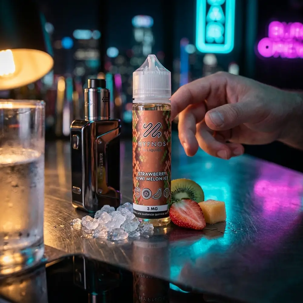 Garrafa Hypnos Strawberry Kiwi Melon Ice em balcão urbano com reflexos neon, frutas e mod de vape ao lado - Vapor Gringo
