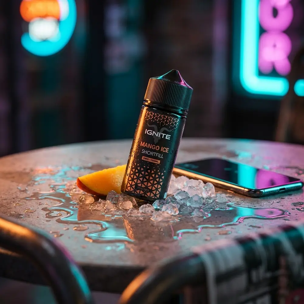 Líquido Ignite Mango Ice sobre mesa molhada em rua noturna com luzes neon, gelo e fatias de manga - Vapor Gringo