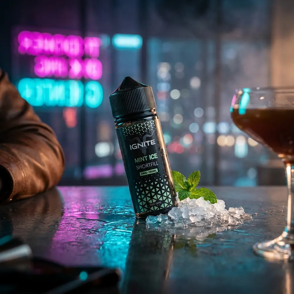Frasco Liquido Ignite Mint Ice sobre balcão molhado de lounge noturno com luzes neon e folhas de menta - Vapor Gringo