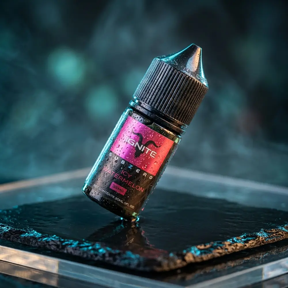 Frasco do Líquido Ignite Salt Icy Watermelon sobre base preta molhada, condensação e reflexos azuis - Vapor Gringo