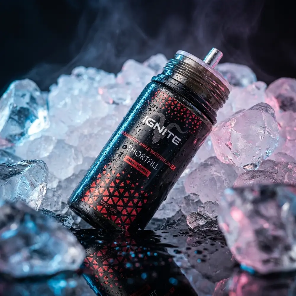 Garrafa do Líquido Ignite Strawberry Apple Watermelon Ice sobre acrílico molhado com gelo e luzes frias e magenta. - Vapor Gringo