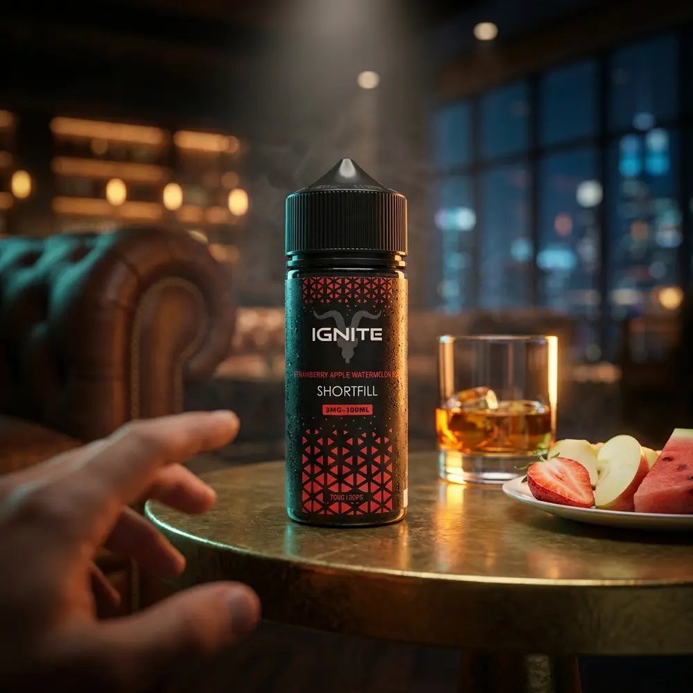 Garrafa do Líquido Ignite Strawberry Apple Watermelon Ice em lounge urbano com pedaços de fruta e luzes âmbar e teal. - Vapor Gringo