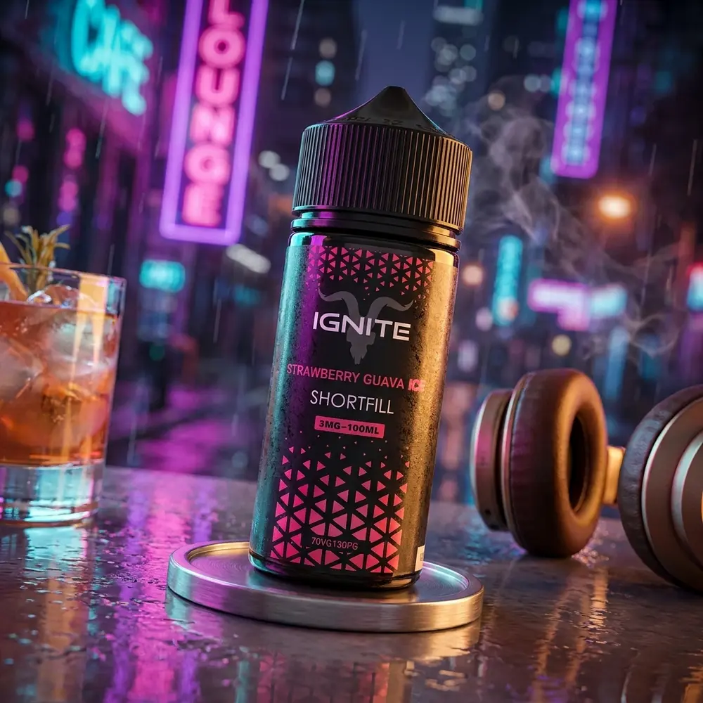 Garrafa do liquido Ignite Strawberry Guava Ice no balcão de lounge urbano neon, reflexos molhados e bokeh - Vapor Gringo