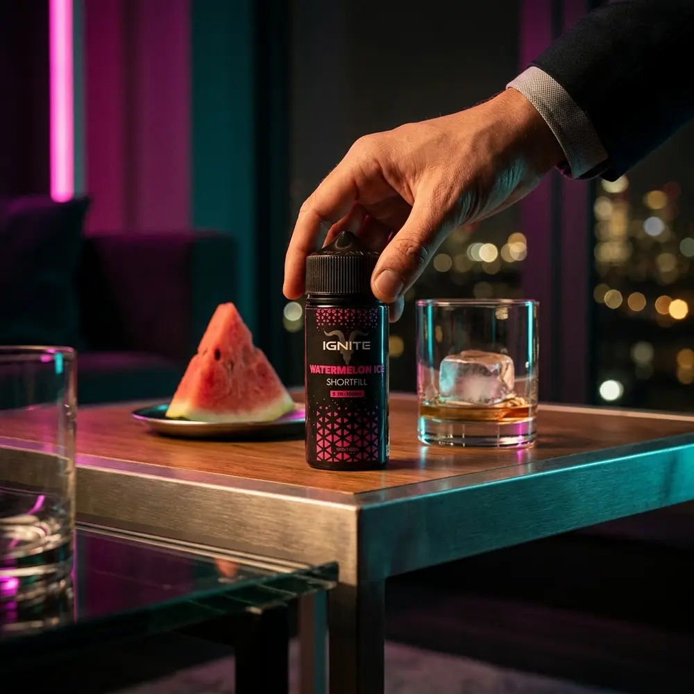 Garrafa Liquido Ignite Watermelon Ice sobre mesa metalizada em lounge urbano, luzes neon e copo ao lado. - Vapor Gringo