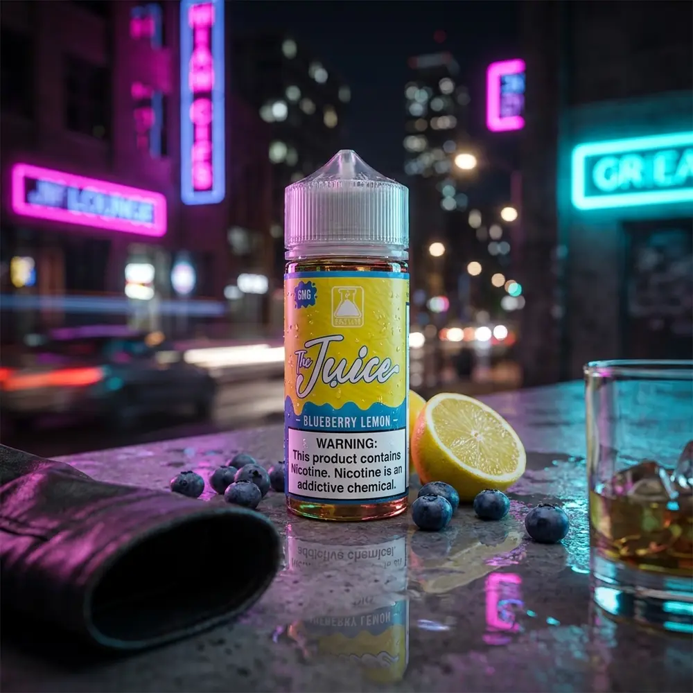 Garrafa de líquido Jam Monster Blueberry Lemon em bancada urbana com neon, mirtilos e limão ao lado - Vapor Gringo