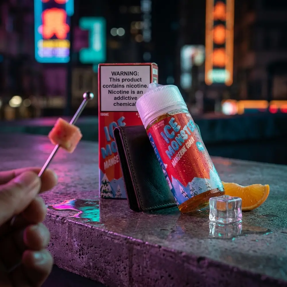 Frasco Jam Monster Mangerine Goiaba em ledge de bar rooftop com luzes neon, gelo e reflexos urbanos. - Vapor Gringo
