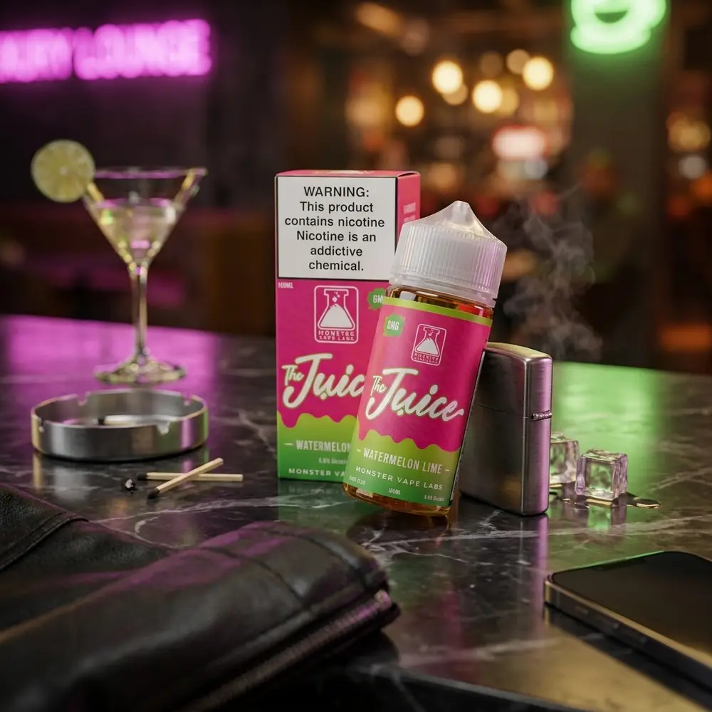 Frasco do Liquido Jam Monster Watermelon Lime apoiado em balcao de lounge urbano com luzes neon e copo ao fundo - Vapor Gringo