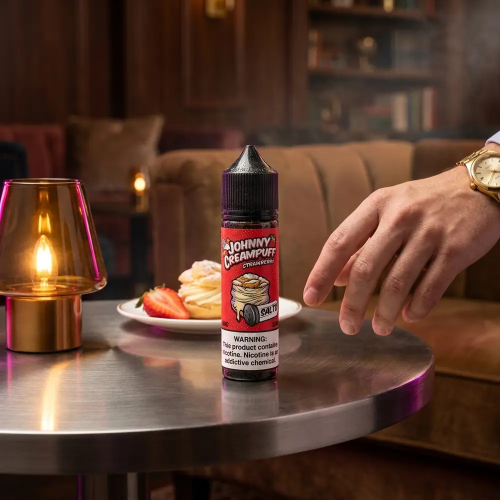 Garrafa Liquido Johnny Creampuff Strawberry em lounge urbano sobre mesa metalica com sobremesa de morango - Vapor Gringo