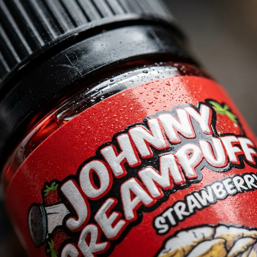 Detalhe do rotulo e bico da garrafa Liquido Johnny Creampuff Strawberry com gotas de condensacao e reflexos - Vapor Gringo