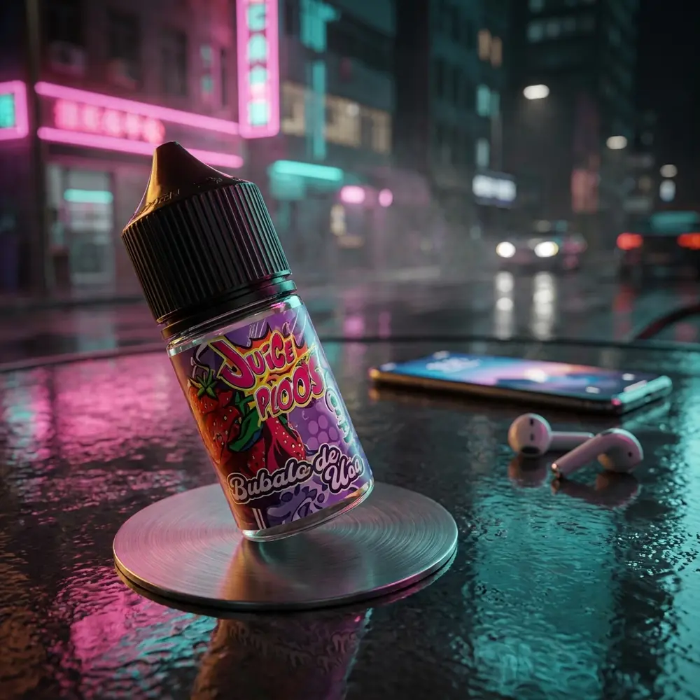 Frasco Juice Ploos Bubalo de Morango numa mesa molhada com reflexos de neon urbano e objetos de lifestyle - Vapor Gringo