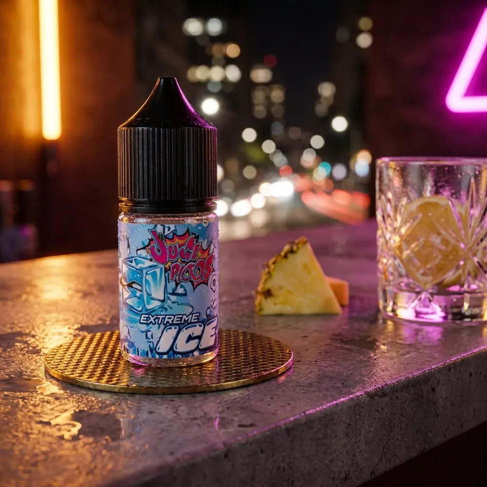 Frasco Liquido Juice Ploos Pineapple numa cena noturna urbana, apoiado em balcão molhado com luzes neon - Vapor Gringo