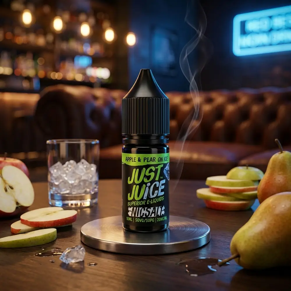 Frasco Liquido Just Juice Salt Apple & Pear on Ice apoiado em coaster metálico em lounge urbano com luzes quentes e gelo - Vapor Gringo