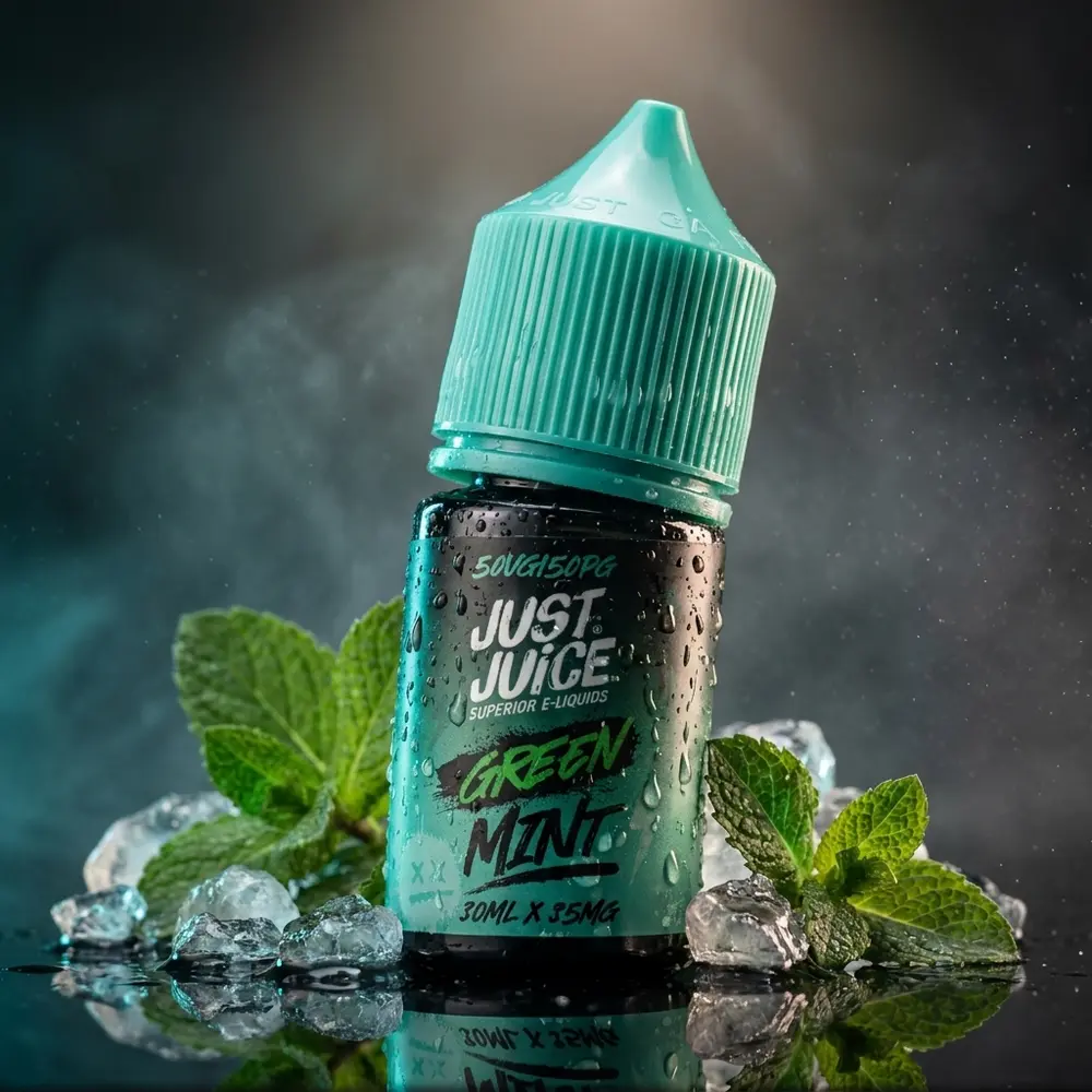 Garrafa Just Juice Salt Green Mint com gotas e folhas de hortela em studio escuro - Vapor Gringo