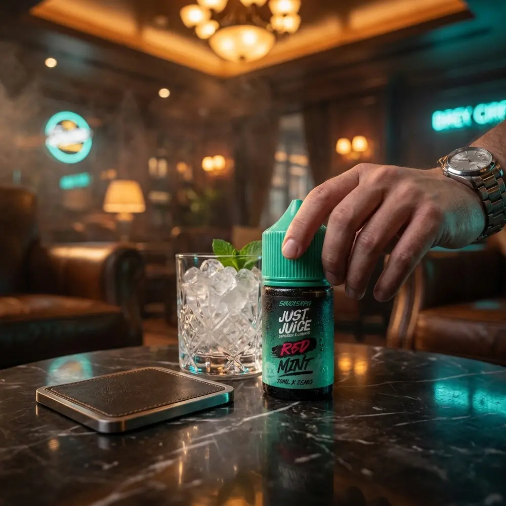 Garrafa do Líquido Just Juice Salt Red Mint em lounge urbano sobre mesa com copo e luzes desfocadas - Vapor Gringo