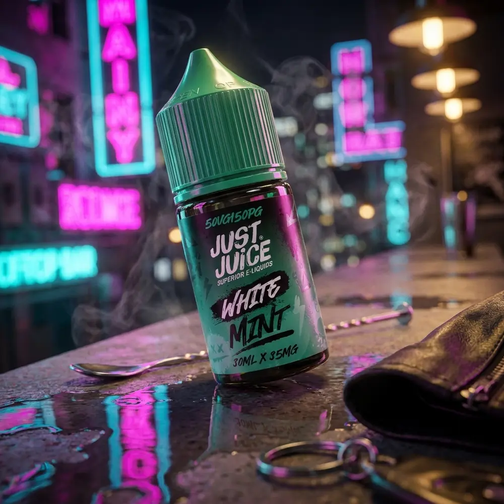 Garrafa Just Juice Salt White Mint apoiada em parapeito molhado com reflexos neon urbanos - Vapor Gringo