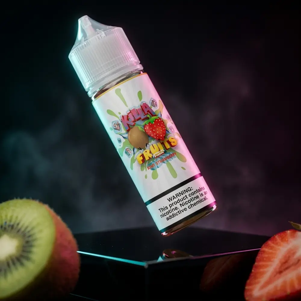 Garrafa 100ml Líquido Killa Fruits Kiwi Strawberry Ice sobre base acrílica preta com iluminação neon e rótulo legível - Vapor Gringo