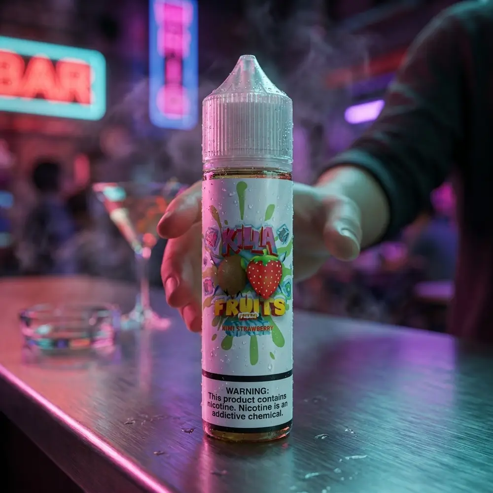 Garrafa Killa Fruits Kiwi Strawberry Ice com gotas sobre balcão metálico em cena noturna neon, mão desfocada ao fundo - Vapor Gringo