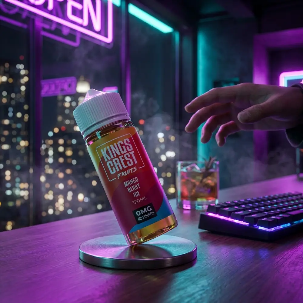 Garrafa do Líquido Kings Crest Mango Berry Ice sobre balcão de bar neon, frutos e teclado RGB ao fundo - Vapor Gringo