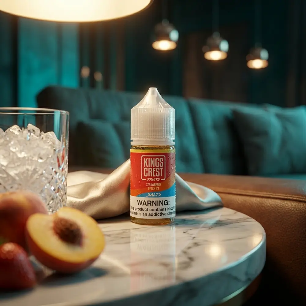 Garrafa de líquido Kings Crest Salt em bancada de mármore de lounge com frutas desfocadas e luzes quentes e teal. - Vapor Gringo