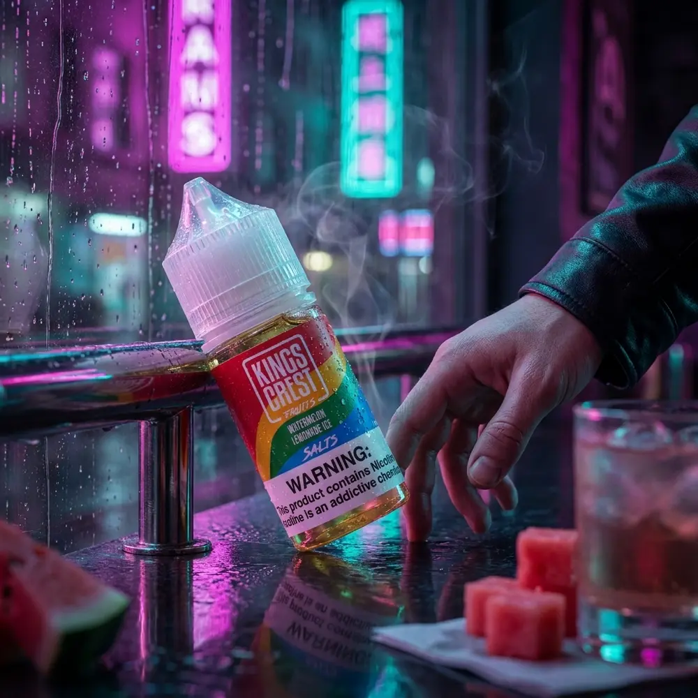 Frasco do liquido Kings Crest Watermelon Lemonade Ice encostado no balcao urbano com luzes neon e cubos de melancia - Vapor Gringo