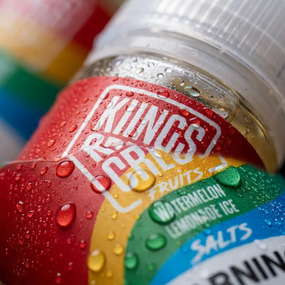 Detalhe da etiqueta e bico do liquido Kings Crest Watermelon Lemonade Ice com gotas de condensacao e reflexos - Vapor Gringo