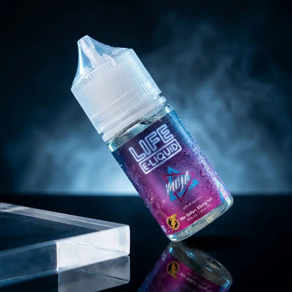 Garrafa Liquido Life e-Liquid Salt - Winter sobre acrilico molhado, luzes frias e reflexos intensos - Vapor Gringo
