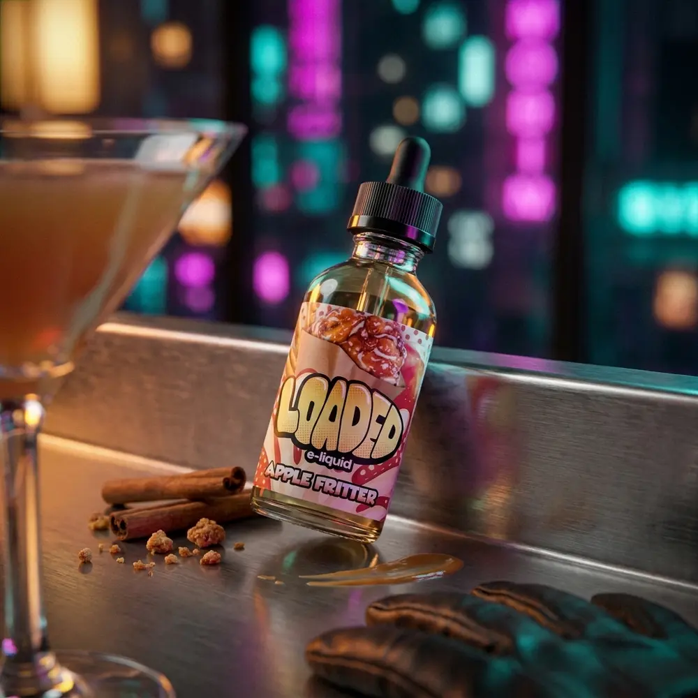 Frasco Liquido Loaded Apple Fritter em balcão urbano neon, canela ao lado e luzes desfocadas ao fundo. - Vapor Gringo