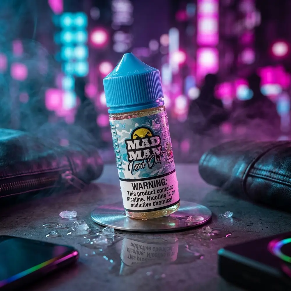 Frasco do Liquido Mad Man Crazy Iced Out Iceberg em bancada urbana neon, reflexos magenta e cyan - Vapor Gringo