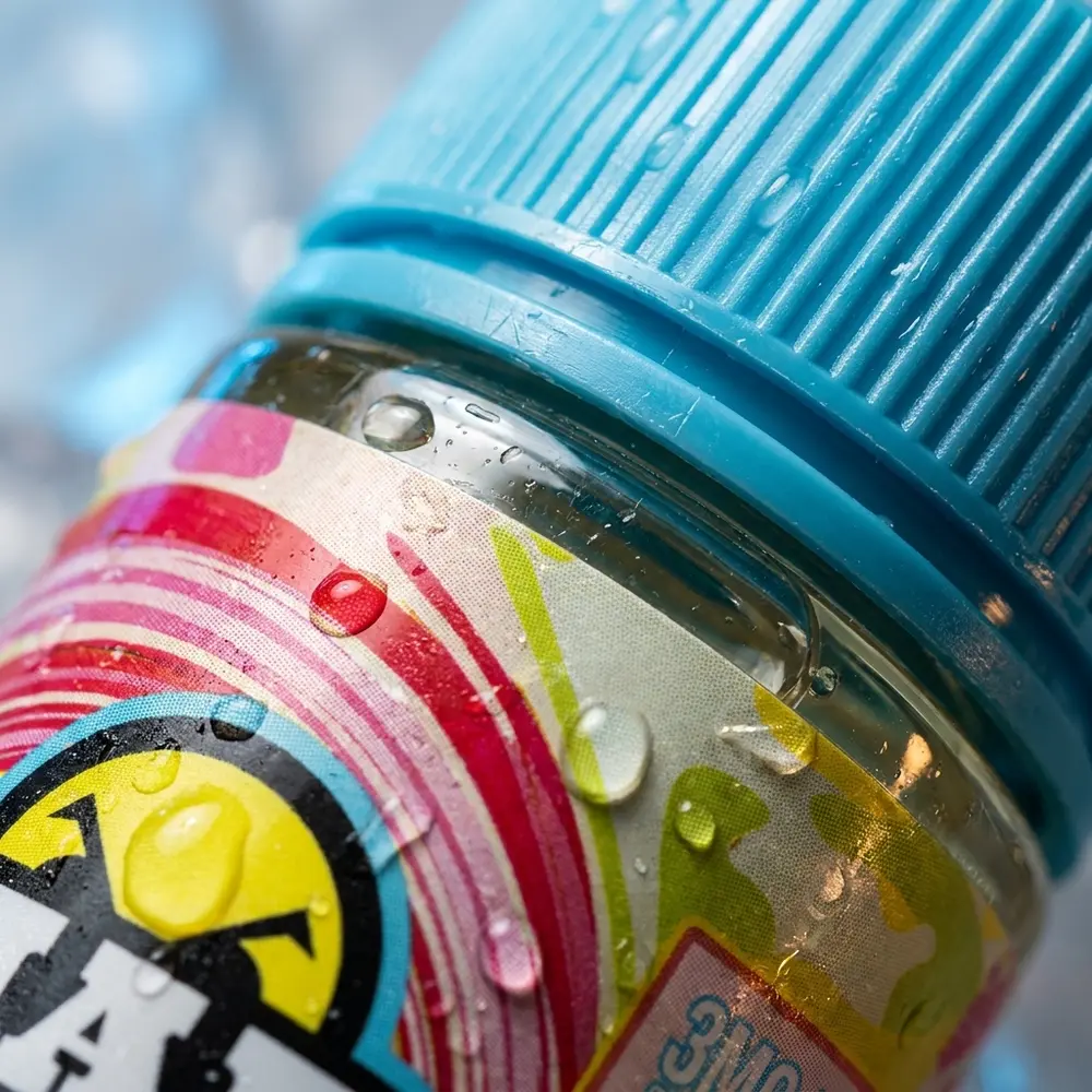 Macro do rotulo do Liquido Mad Man Lemon Strawberry com gotas de condensacao, textura do vidro e detalhes do rotulo - Vapor Gringo