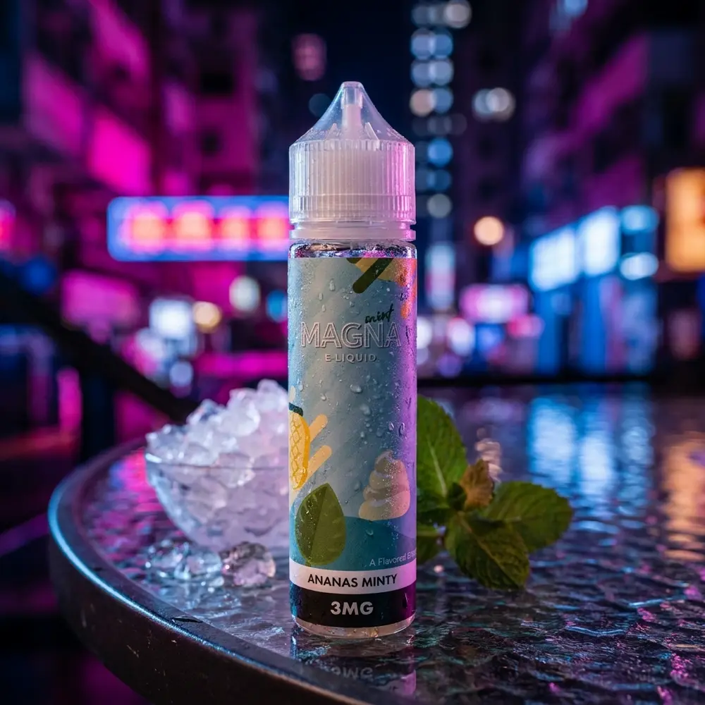 Garrafa do Líquido Magna Ananas Minty 60ml numa mesa de lounge urbano com luzes neon da cidade ao fundo - Vapor Gringo