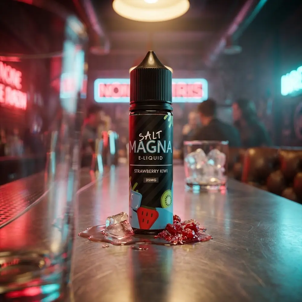 Garrafa Líquido Magna Cranberry Punch Ice sobre balço metalizado em cena neon urbana, gelo e reflexos ao redor. - Vapor Gringo