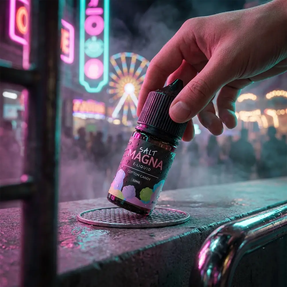 Frasco Magna E-Liquid Salt Cotton Candy sobre parapeito molhado sob neon urbano e leve fumaça ao fundo - Vapor Gringo