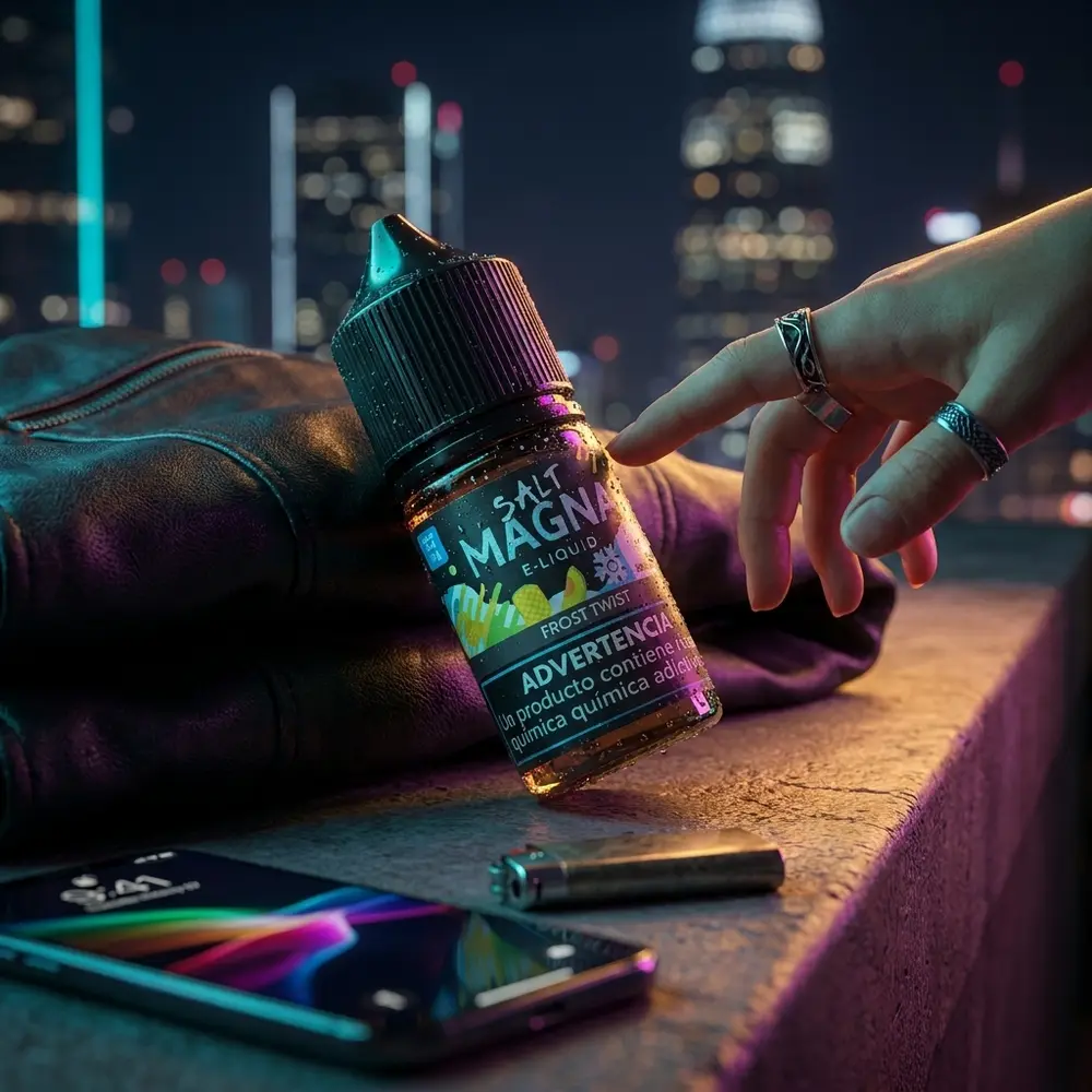 Líquido Magna Frost Twist apoiado em balcão urbano com luzes neon ao fundo e elementos de lifestyle noturno - Vapor Gringo