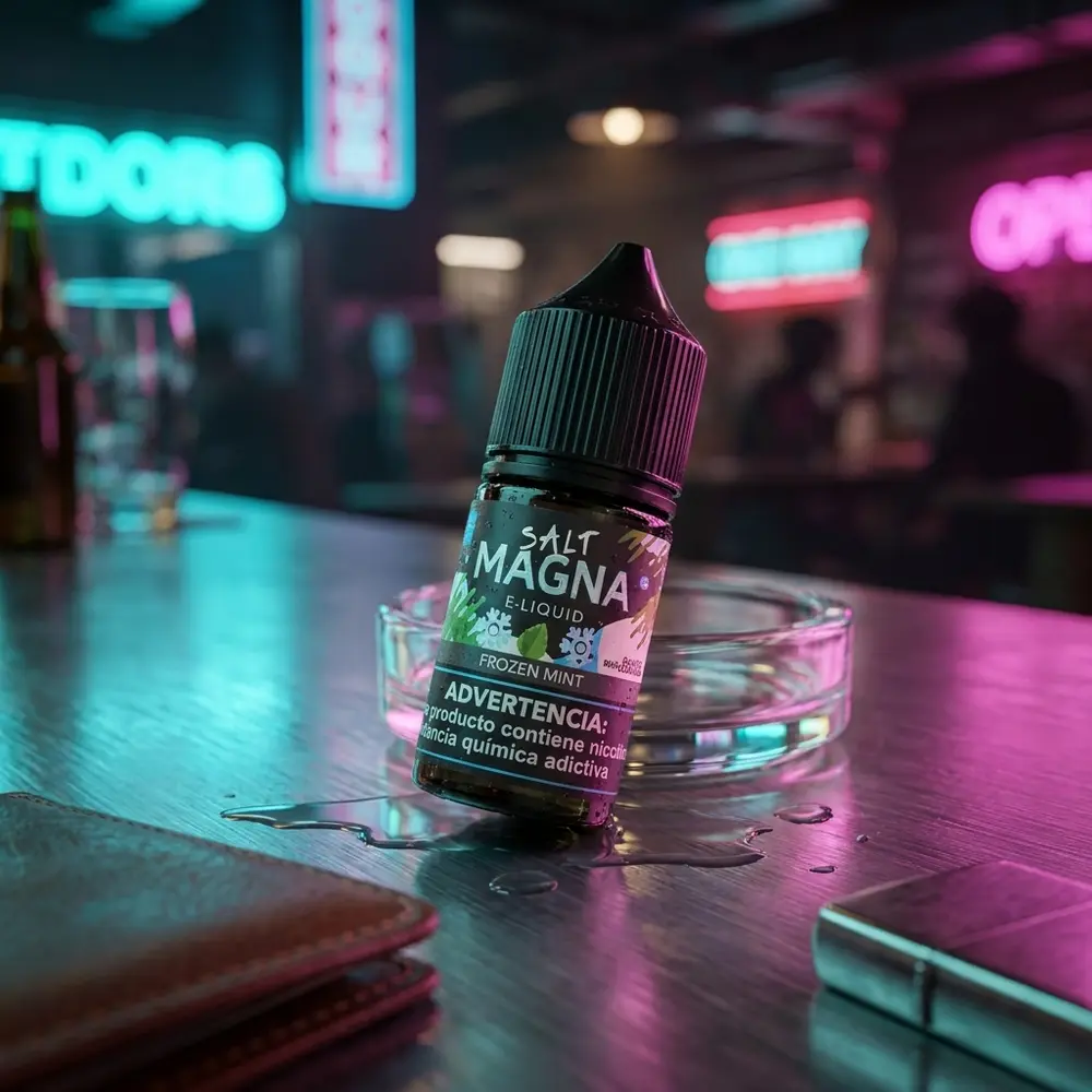 Garrafa do liquido Magna Frozen Mint apoiada em bancada molhada com luzes neon cyan e magenta em ambiente urbano - Vapor Gringo