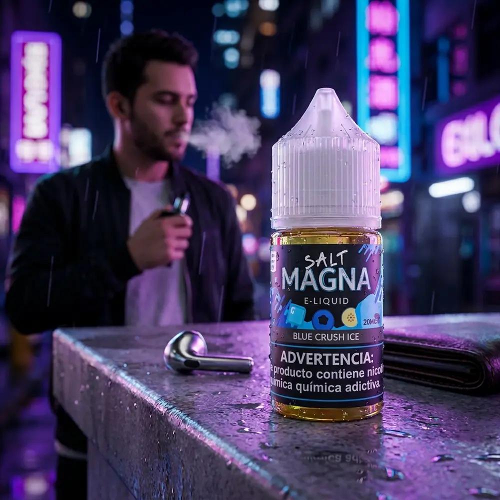 Garrafa do Liquido Magna Salt Ice Blue Crush Ice apoiada em parapeito molhado, reflexos de neon roxo e azul na rua noturna - Vapor Gringo