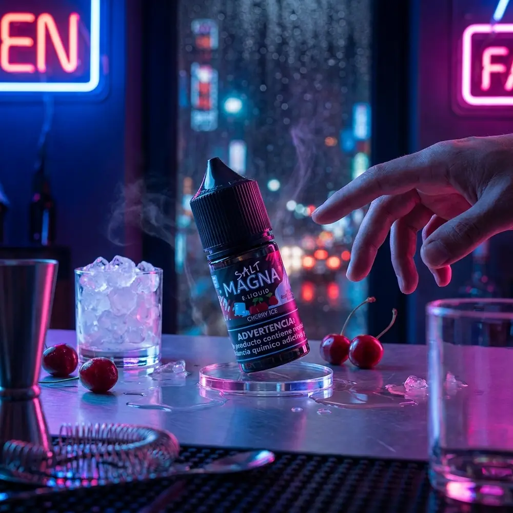 Frasco Líquido Magna Salt Ice Cherry Ice em balcão de bar neon com gelo, cerejas e bokeh urbano ao fundo - Vapor Gringo