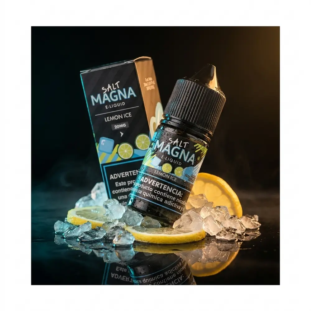 Frasco do Liquido Magna Salt Lemon Ice sobre acrilico preto com gotas, fatias de limao e gelo ao redor. - Vapor Gringo
