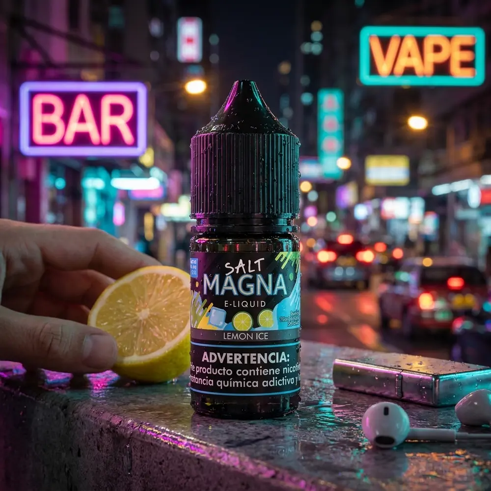 Frasco do Magna Lemon Ice em cena urbana noturna com luzes neon, reflexos molhados e mao parcialmente visivel. - Vapor Gringo