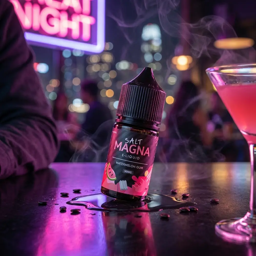 Garrafa Liquido Magna Salt Watermelon Gum em bar neon urbano com reflexos rosa e violeta e bokeh de cidade - Vapor Gringo
