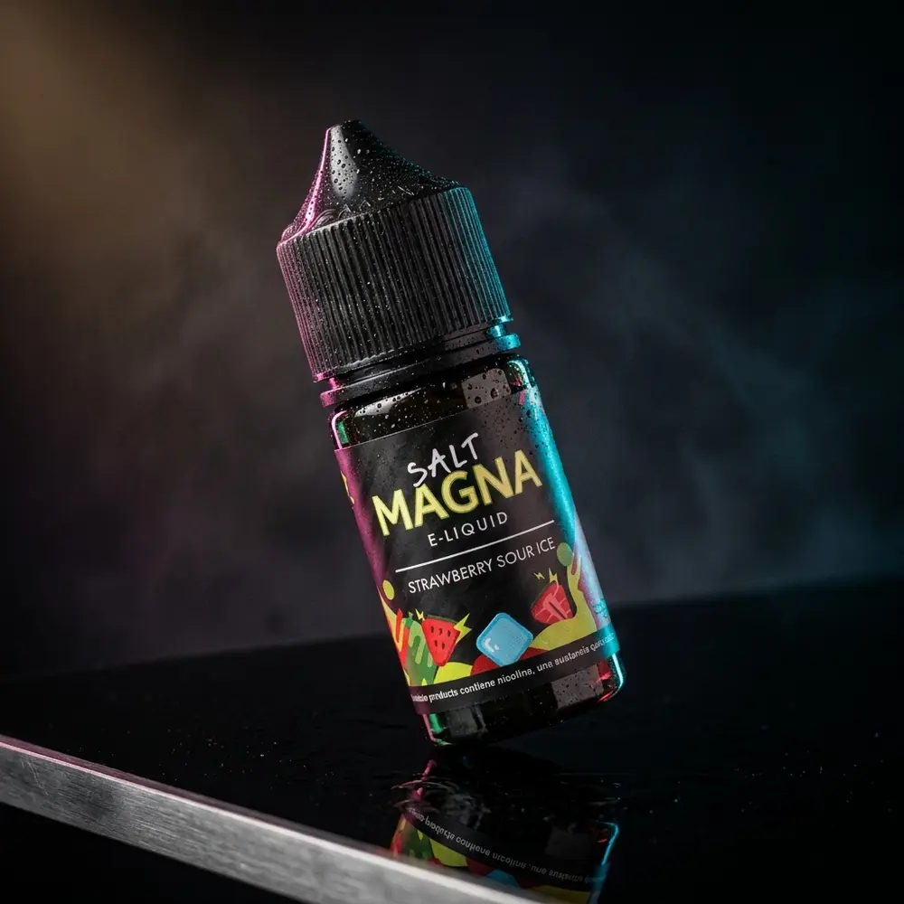 Garrafa de Líquido Magna Strawberry Sour Ice inclinada sobre acrílico preto com iluminação dramática e gotas de condensação - Vapor Gringo